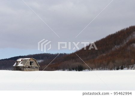 北海道鄂霍次克地區雪原上的舊牛棚 北海道鄂霍次克地區雪原上的舊牛棚 95462994