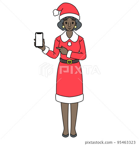 A black woman in a Santa costume operating a smartphone without a mask A black woman in a Santa costume operating a smartphone without a mask 95463323
