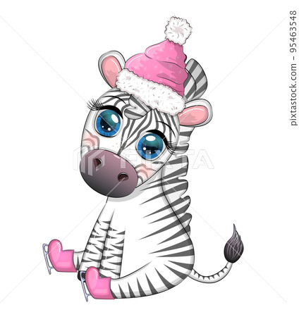 Cute zebra in a hat and scarf, winter. Wildlife Holidays Cartoon Character Cute zebra in a hat and scarf, winter. Wildlife Holidays Cartoon Character 95463548