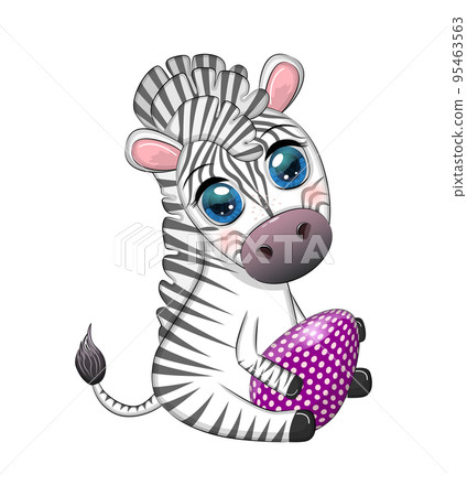 Zebra with Easter egg, flowers. Easter greeting card 95463563
