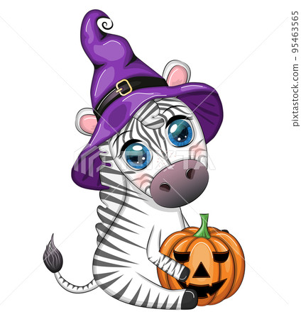 Cute zebra in witch hat, with broom, pumpkin jack, magic potion. Poster, card, label and decoration for Halloween 95463565