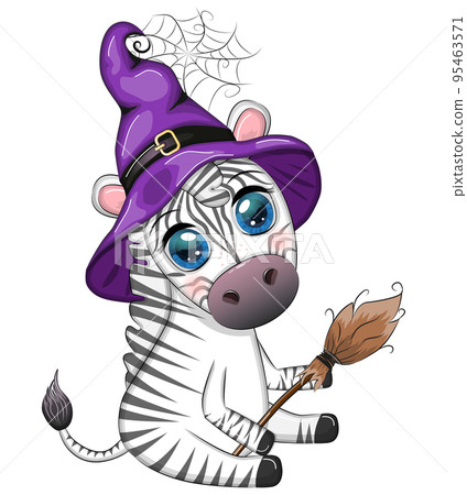 Cute zebra in witch hat, with broom, pumpkin jack, magic potion. Poster, card, label and decoration for Halloween Cute zebra in witch hat, with broom, pumpkin jack, magic potion. Poster, card, label and decoration for Halloween 95463571
