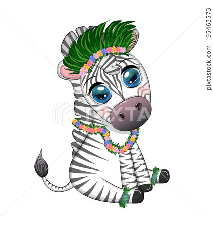 Cute zebra in hula dancer costume, Hawaii, child character. Summer holidays, vacation 95463573