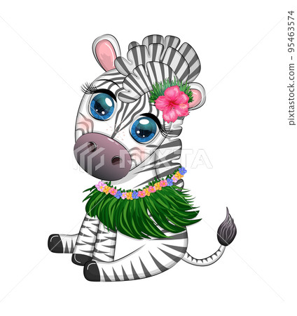 Cute zebra in hula dancer costume, Hawaii, child character. Summer holidays, vacation Cute zebra in hula dancer costume, Hawaii, child character. Summer holidays, vacation 95463574