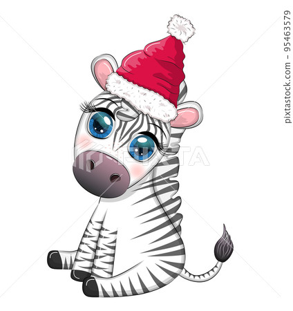 Cute zebra in santa hat with christmas ball, candy kane, gift. Wildlife holidays cartoon character. 95463579