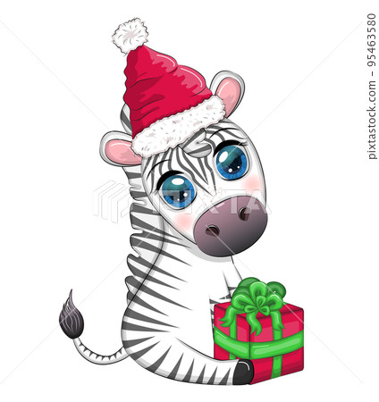 Cute zebra in santa hat with christmas ball, candy kane, gift. Wildlife holidays cartoon character. Cute zebra in santa hat with christmas ball, candy kane, gift. Wildlife holidays cartoon character. 95463580