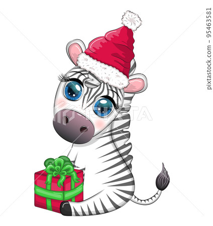 Cute zebra in santa hat with christmas ball, candy kane, gift. Wildlife holidays cartoon character. Cute zebra in santa hat with christmas ball, candy kane, gift. Wildlife holidays cartoon character. 95463581