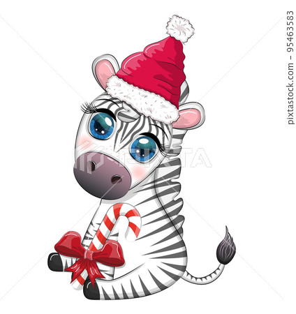 Cute zebra in santa hat with christmas ball, candy kane, gift. Wildlife holidays cartoon character. Cute zebra in santa hat with christmas ball, candy kane, gift. Wildlife holidays cartoon character. 95463583