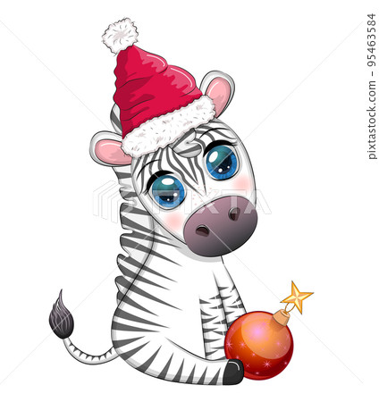Cute zebra in santa hat with christmas ball, candy kane, gift. Wildlife holidays cartoon character. Cute zebra in santa hat with christmas ball, candy kane, gift. Wildlife holidays cartoon character. 95463584