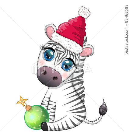 Cute zebra in santa hat with christmas ball, candy kane, gift. Wildlife holidays cartoon character. Cute zebra in santa hat with christmas ball, candy kane, gift. Wildlife holidays cartoon character. 95463585