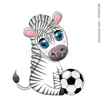 Cute zebra with a soccer ball. Cartoon character, summer sport Cute zebra with a soccer ball. Cartoon character, summer sport 95463586