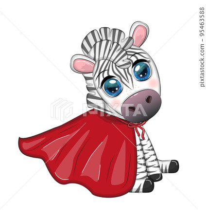 Striped zebra in a red coat. super hero child character Striped zebra in a red coat. super hero child character 95463588