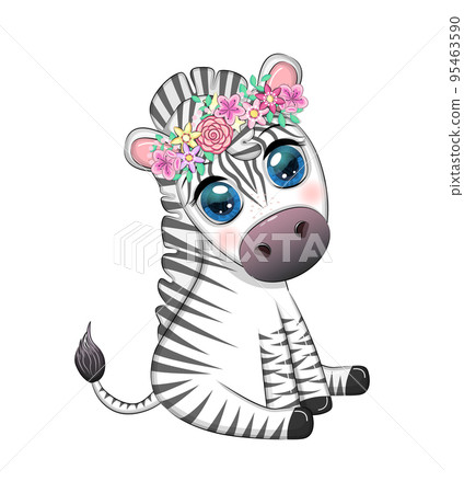 Striped zebra in a wreath of flowers, with a bouquet. Spring is coming Striped zebra in a wreath of flowers, with a bouquet. Spring is coming 95463590