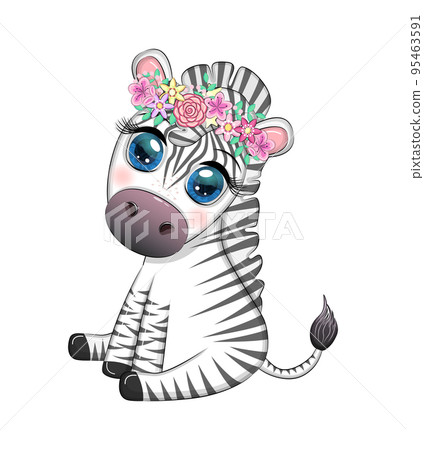 Striped zebra in a wreath of flowers, with a bouquet. Spring is coming Striped zebra in a wreath of flowers, with a bouquet. Spring is coming 95463591