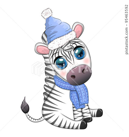 Cute zebra in a hat and scarf, winter. Wildlife Holidays Cartoon Character Cute zebra in a hat and scarf, winter. Wildlife Holidays Cartoon Character 95463592