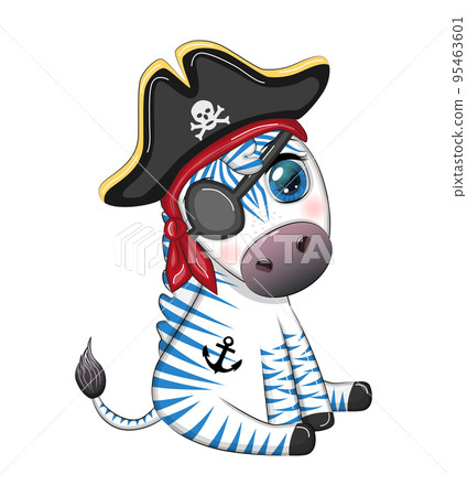 Cute zebra pirate in a cocked hat with an eye patch. Pirates and treasures, islands and palm trees Cute zebra pirate in a cocked hat with an eye patch. Pirates and treasures, islands and palm trees 95463601