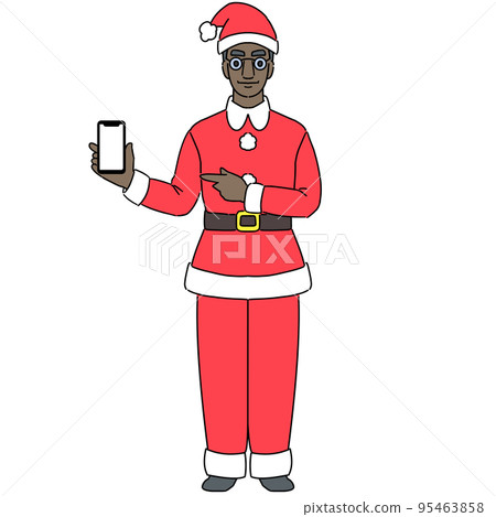 一個穿著聖誕老人服裝的黑人在不戴面具的情況下操作智能手機 95463858