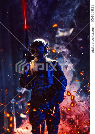 Army soldier in Combat Uniforms with an assault rifle and combat helmet night mission dark background. Blue and purple gel light effect. Army soldier in Combat Uniforms with an assault rifle and combat helmet night mission dark background. Blue and purple gel light effect. 95463932