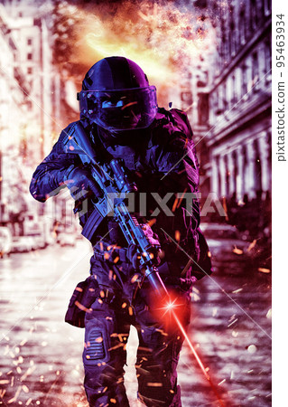 Army soldier in Combat Uniforms with an assault rifle and combat helmet night mission dark background. Blue and purple gel light effect. Army soldier in Combat Uniforms with an assault rifle and combat helmet night mission dark background. Blue and purple gel light effect. 95463934