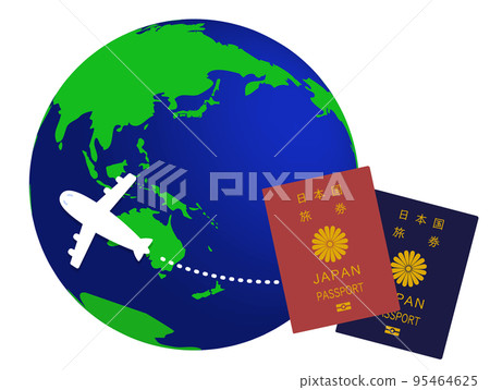 海外旅行地球、日本護照和飛機的圖像插圖 95464625