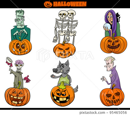 cartoon spooky Halloween characters set with pumpkins cartoon spooky Halloween characters set with pumpkins 95465056