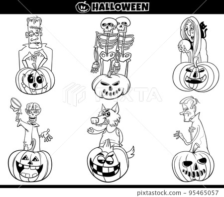 cartoon Halloween characters set with pumpkins coloring page 95465057