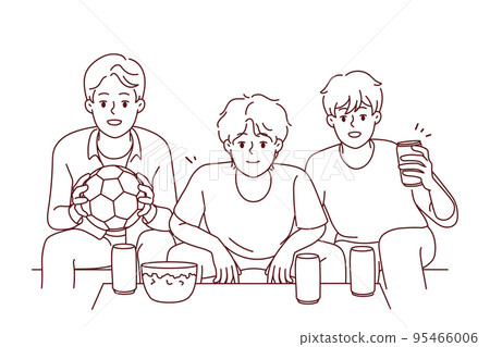 Happy guys watch football at home together Happy guys watch football at home together 95466006