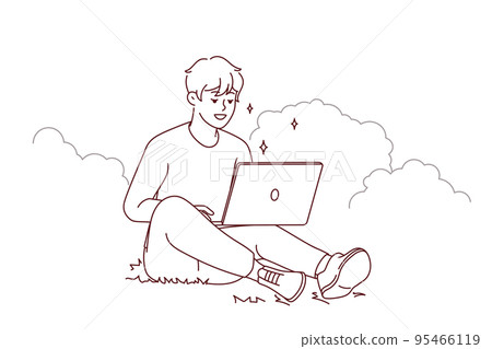 Smiling guy sit outdoors work on computer Smiling guy sit outdoors work on computer 95466119