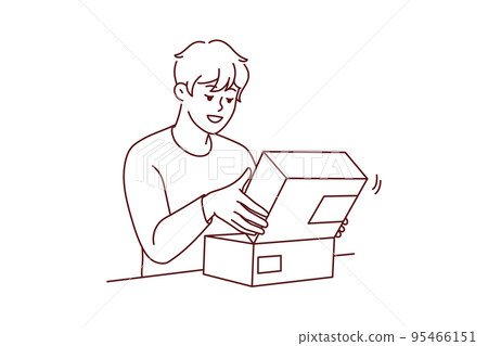 Excited man unpack post parcel Excited man unpack post parcel 95466151