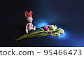 A bouquet of flowers and a rabbit stuffed animal illuminated by a spotlight in a dark place 95466473