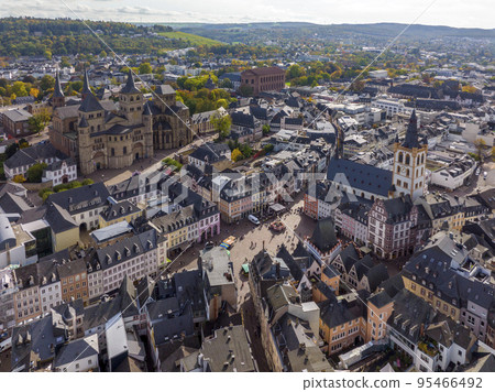 Aerial Drone Shot of the City Center in Trier, Rheinland-Pfalz. Autumn day in Famous German city 95466492