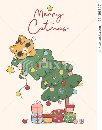 cute funny naughty orange ginger kitten cat  hanging on Christmas decorated pine tree, merry catmas, cartoon animal character hand drawing doodle vector idea for greeting card 95466597
