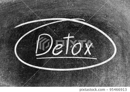 White chalk hand writing in word detox and circle shape on blackboard background White chalk hand writing in word detox and circle shape on blackboard background 95466913