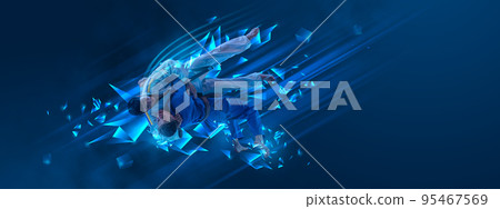 Creative artwork. Men, professional martial arts athletes training over dark blue background with polygonal and fluid neon elements. 95467569