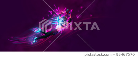 Creative artwork. Man, professional american football player in motion, training over purple background with polygonal and fluid neon elements. 95467570