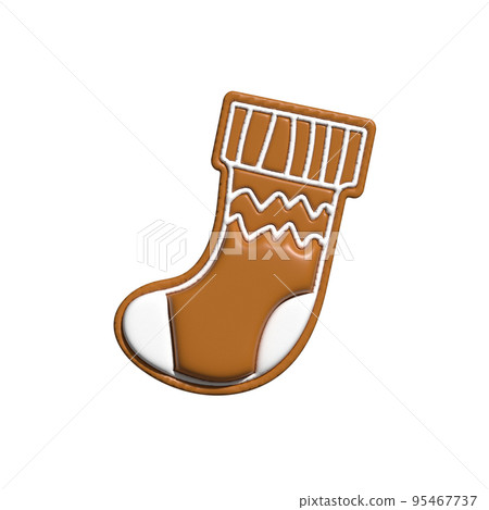 Christmas gingerbread cookies in shape of sock 3d render. Winter homemade xmas sweet biscuit in shape of sock. Cute cartoon illustration EPS Christmas gingerbread cookies in shape of sock 3d render. Winter homemade xmas sweet biscuit in shape of sock. Cute cartoon illustration EPS 95467737