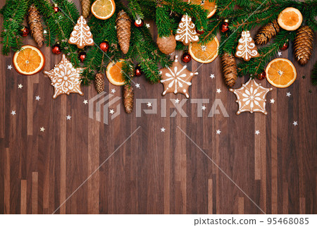 Christmas background with fir tree and decoration 95468085