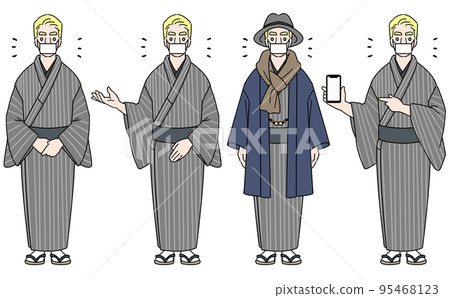 Set of blond men wearing kimonos Inbound and festival illustrations with masks Set of blond men wearing kimonos Inbound and festival illustrations with masks 95468123