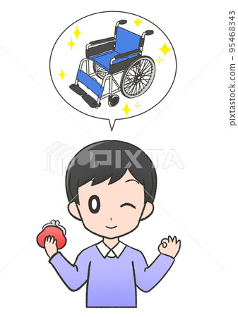 A smiling man in purple clothes who is happy to find a way to buy or rent a wheelchair cheaply 95468343