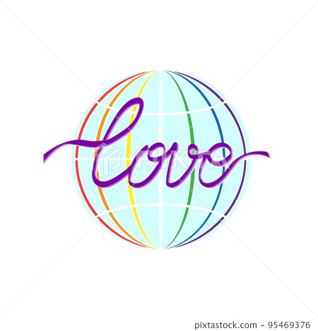 Purple word Love on globe with rainbow stripes. Universal love concept. LGBTQ symbol for prints Purple word Love on globe with rainbow stripes. Universal love concept. LGBTQ symbol for prints 95469376