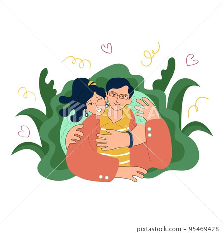 Happy young asian family hugging. Joyful girl with ponytail winking and hugging a guy in glasses. Woman and man together. Doodle style vector 95469428