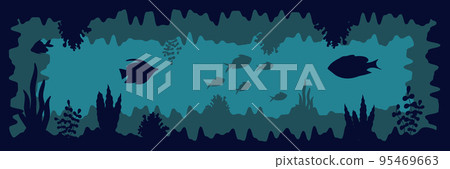 Illustration of Black Fish Silhouettes, seaweed, seashell and stones. Illustration of Black Fish Silhouettes, seaweed, seashell and stones. 95469663