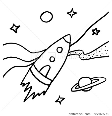 Black and white hand-drawing doodle sketch illustration of rocket on the milky way 95469740
