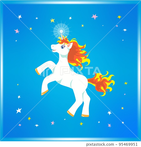 Joyful cartoonish white blue-eyed unicorn with yellow and orange mane and tail, jumping in colourful stars 95469951