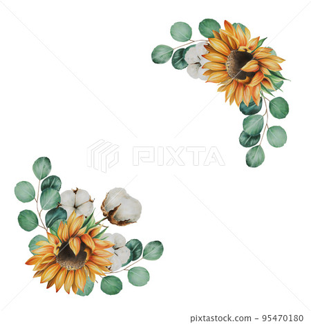 Frame with cotton flowers, eucalyptus branches and sunflower watercolor Frame with cotton flowers, eucalyptus branches and sunflower watercolor 95470180
