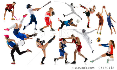 Sport collage of professional athletes or players on white background, flyer. Concept of motion, action, power, target and achievements, healthy, active Sport collage of professional athletes or players on white background, flyer. Concept of motion, action, power, target and achievements, healthy, active 95470518