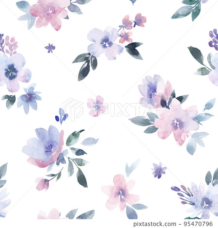 Beautiful vector seamless pattern with gentle watercolor hand drawn purple flowers. Stock illustration. 95470796