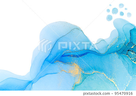 Abstract ocean wave foam print. Watercolor blue texture with gold glitter. 95470916
