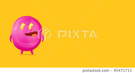 Vector cartoon funny pink alien monster isolated on orange background. Smiling silly pink monster print sticker design template. Cute Ghost, troll, gremlin, goblin, devil and halloween monster Vector cartoon funny pink alien monster isolated on orange background. Smiling silly pink monster print sticker design template. Cute Ghost, troll, gremlin, goblin, devil and halloween monster 95471713