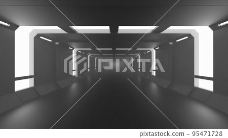 A futuristic space reminiscent of an advanced science laboratory. Floors illuminated by cool lines of light embedded in walls and ceilings, 95471728